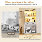 MDGC White LED Kitchen Pantry Cabinet with Charging Station, Adjustable Shelves, and Hooks for Versatile Storage MDGC