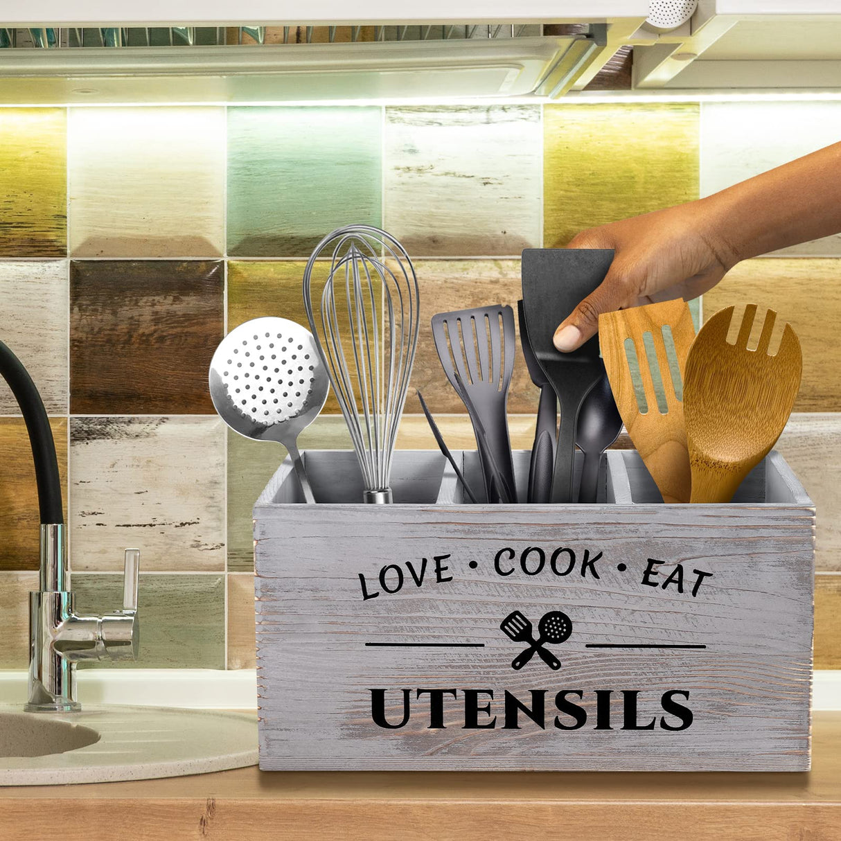 MINCORD Utensil Holder with 3 Compartments, Rustic Utensil Caddy Wood Utensil Crocks for Kitchen Counter, Farmhouse Flatware Utensil Organizer Storage Box for Silverware Fork Spoon Spatula MINCORD