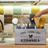 MINCORD Utensil Holder with 3 Compartments, Rustic Utensil Caddy Wood Utensil Crocks for Kitchen Counter, Farmhouse Flatware Utensil Organizer Storage Box for Silverware Fork Spoon Spatula MINCORD