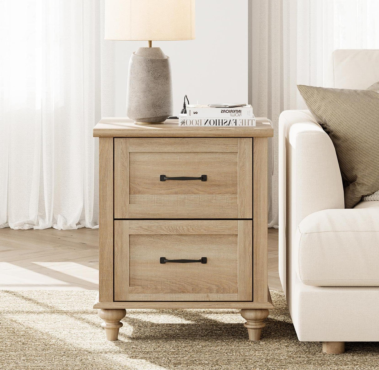 WAMPAT Nightstand with Charging Station, 20 Inch Night Stand with 2 Drawers, Wooden Rustic Bedside Table End Tables with Solid Wood Legs for Bedroom, Natural Oak WAMPAT