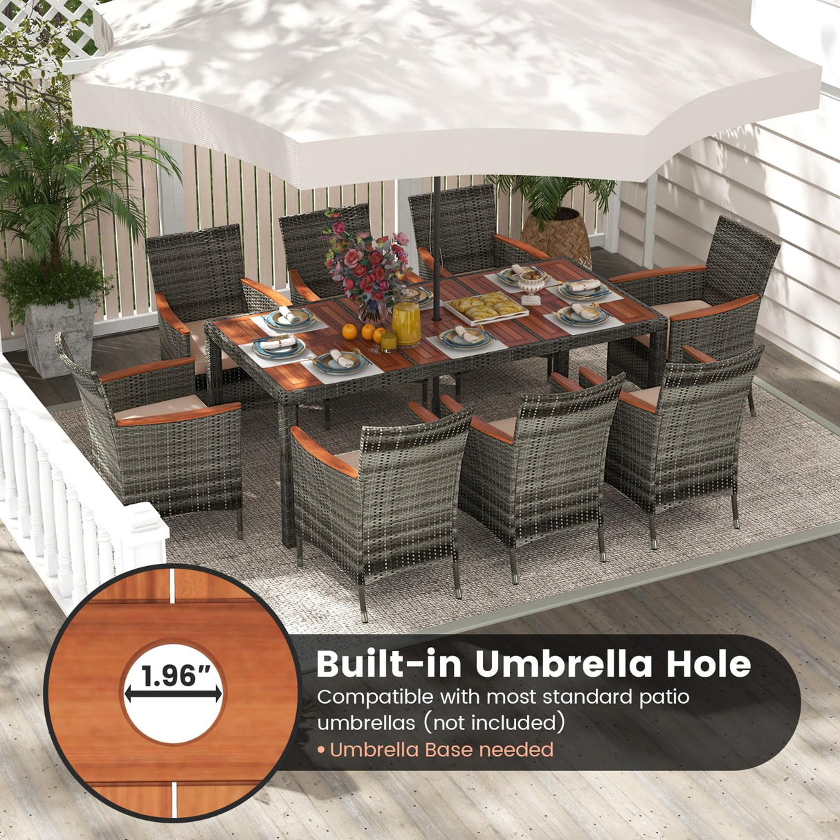 Tangkula 9 Pieces Outdoor Wicker Dining Set, Patio Dining Furniture Set with Acacia Wood Table and 8 Armchairs, Outdoor Table and Chairs Set with 1.96” Umbrella Hole and Cushions Tangkula