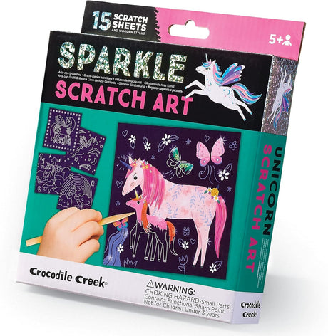 Crocodile Creek Unicorn Sparkle Scratch Art for Kids - 16-Sheet Scratch Art Set with 10 Themed Sheets, 5 Blank Sheets, Stencil, and Stylus - Thoughtful Stocking Stuffers, Gifts, Art Supplies for Kids Crocodile Creek