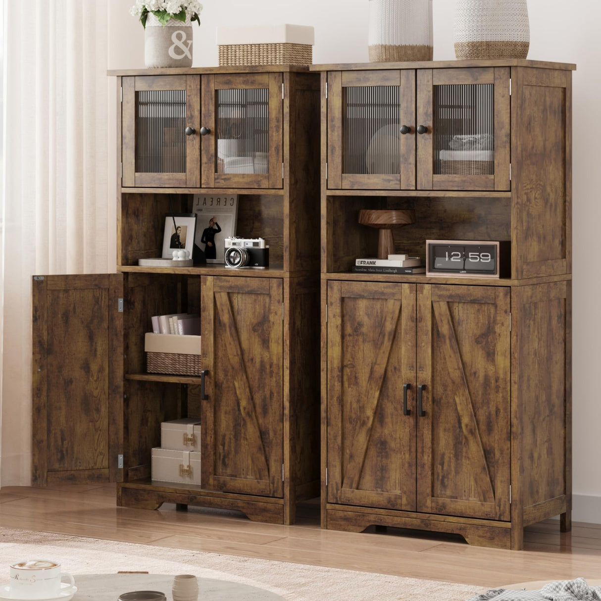 IDEALHOUSE Rustic Brown Freestanding Storage Cabinet with Glass Doors and Adjustable Shelves IDEALHOUSE