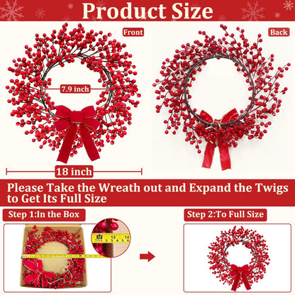 TURNMEON Dual Color Change&Timer 8 Modes Lighted Christmas Wreaths for Front Door, 20 Warm White&Color Lights with Bowknot Artificial Red Berry Christmas Wreath Xmas Winter Wreath Home Holiday 18 Inch