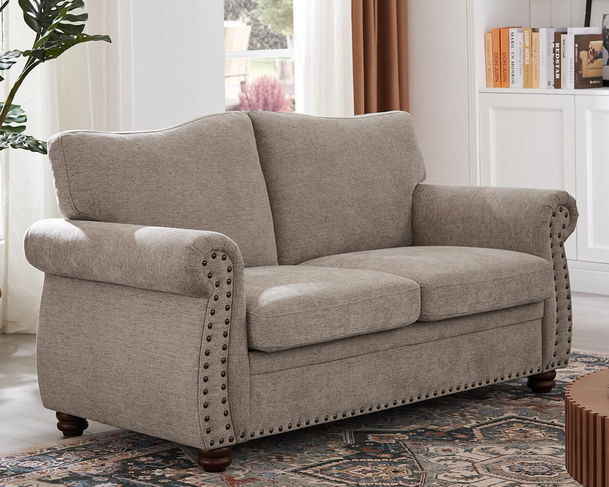 ONBRILL Nailhead Sofa, 66 Inch Small Couch with Rolled Arms, Chenille Fabric Loveseat w/Springs Seat Cushion, Vintage Curved Back, Turned Wood Legs, Comfy Couch for Living Room, Farmhouse, Beige ONBRILL