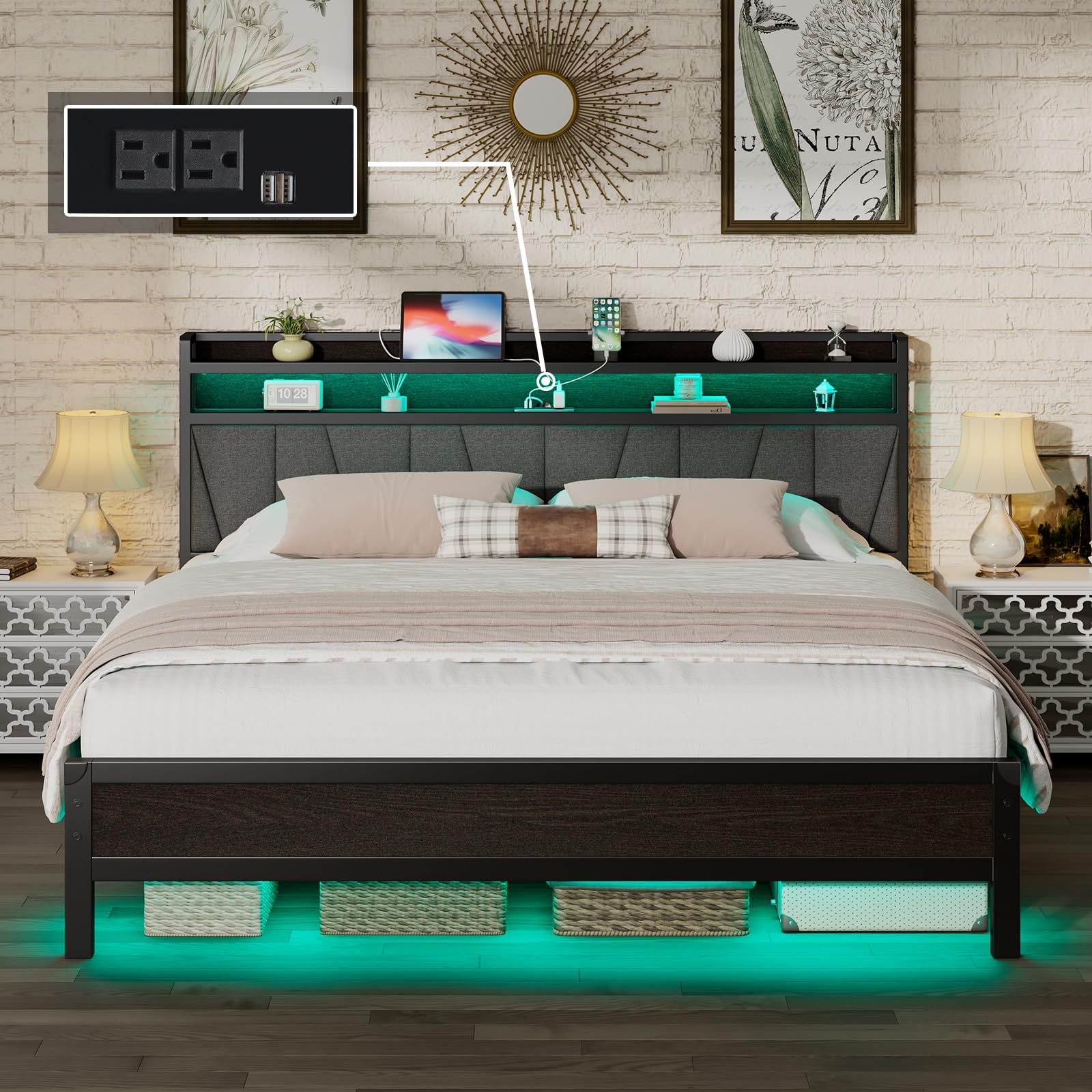 LUXOAK King Size Bed Frame with LED Lights, Charging Station & Upholstered Headboard in Black - WoodArtSupply