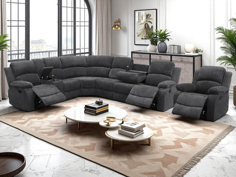 Manual Reclining Sofa Set with Drop-Down Table, Corduroy Sofa Sets, Living Room Furniture Sets, Modern Manual Recliner Sofa Sets with Storage Console for Living Room (Dark Grey, Sectional+Chair) AYCP Furniture