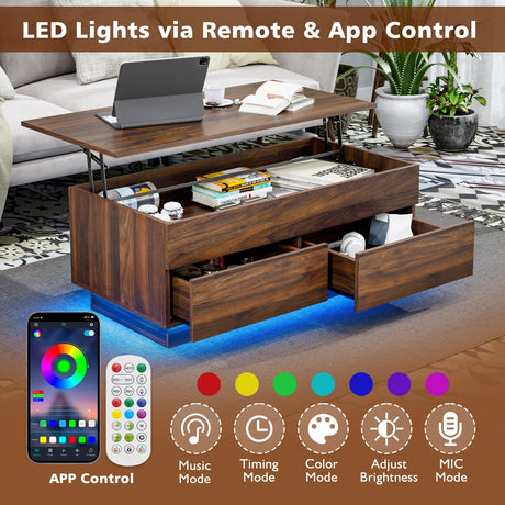 HOMMPA Modern Lift Top Coffee Table with Storage for Living Room, LED Coffee Table, Wooden Lift Table Top Dining Table with 2 Drawers Hidden Compartment & Metal Frame, Walnut HOMMPA