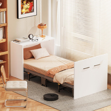 Meulbaty 2 in 1 Murphy Bed Cabinet with Mattress, Hide a Bed Cabinet, Folding Beds into Cabinets, Space-Saving Pull Out Murphy Beds Chest for Small Place Office Nap Narrow Twin Size Meulbaty