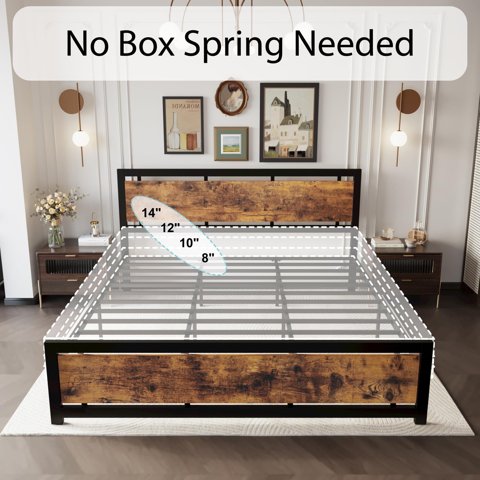 LIKIMIO Industrial King Bed Frame with Vintage Wood Headboard and 12 Strong Metal Legs - Easy Assembly, No Box Spring Needed - WoodArtSupply