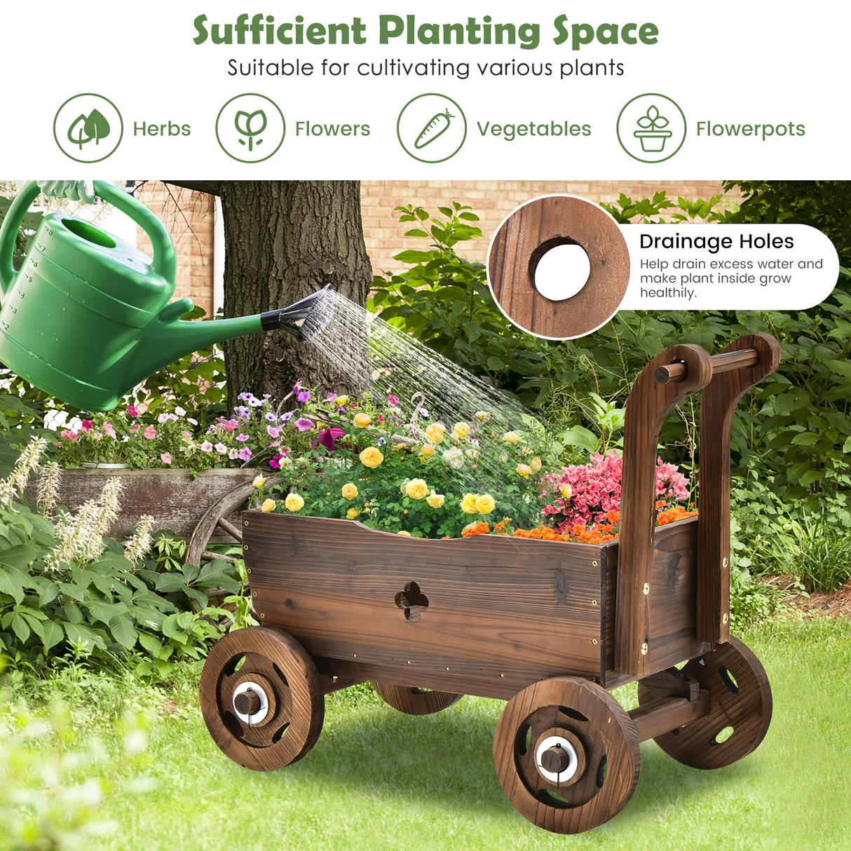 Giantex Wooden Wagon Planter Raised Bed on Wheels, Handle, Drainage Hole, Decorative Wagon Cart, Rustic Flowerpot Planter, Mobile Plant Pot Stand, Indoor & Outdoor Patio Garden Balcony Giantex