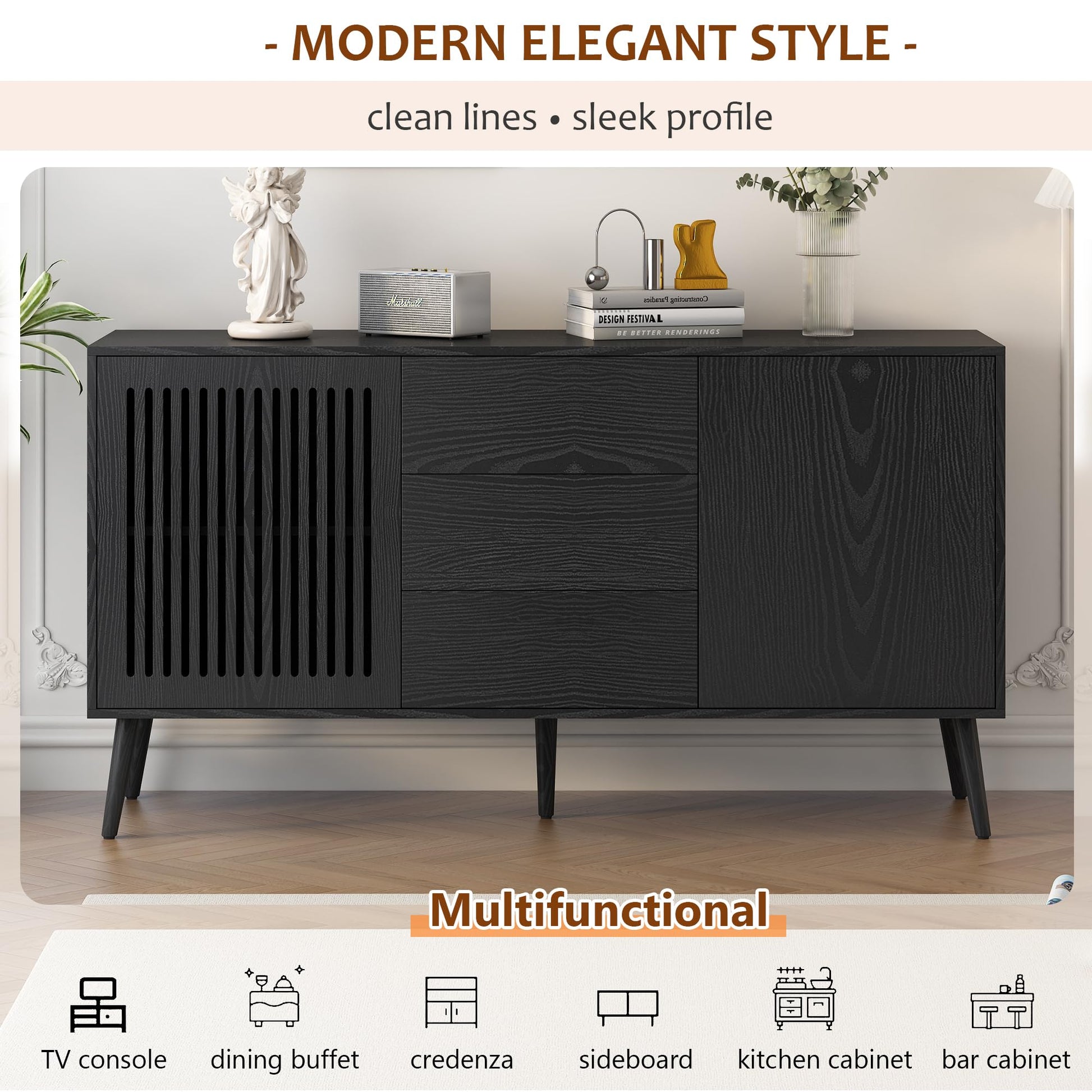 Amposei Modern Sideboard Buffet Cabinet 58.2-Inch Wooden Credenza TV Stand Console Storage Cabinet with Drawers & Adjustable Shelves for Living Dining Room, Black - WoodArtSupply