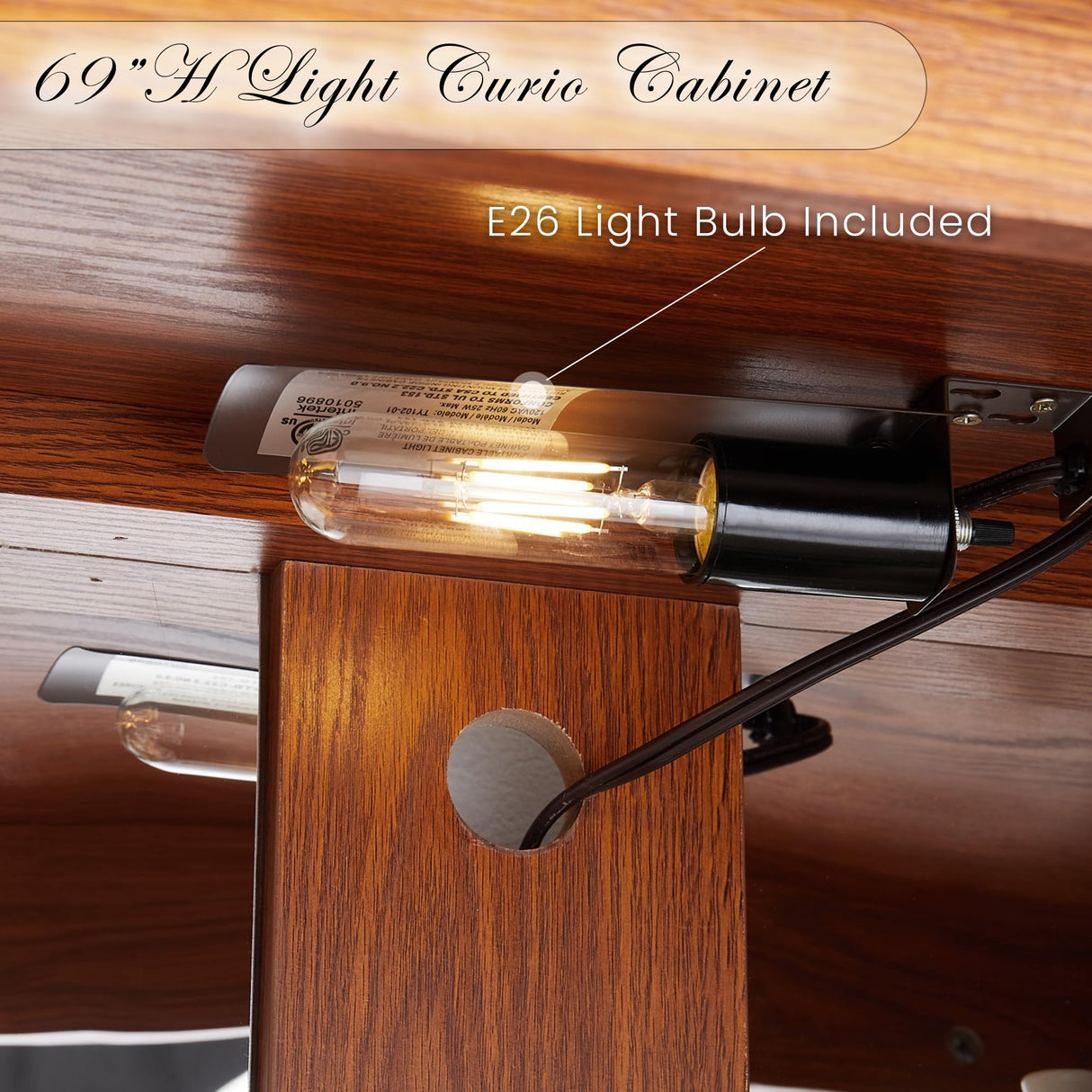 Eyisean Lighted Display Curio Cabinet 69" H China Cabinet with 4 Glass Doors, 6 Shelves, Freestanding Glass Display Cage Wine Cabinet Storage Rack for Bar and Liquor Storage (Dark Oak) Eyisean