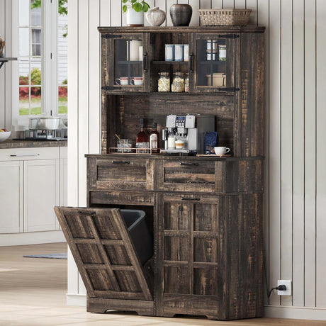 DWVO Kitchen Pantry Storage Cabinet with Tilt-Out Trash Can Fit 10 Gallon, Tall Farmhouse Kitchen Hutch Cabinets with Charging Station & Microwave Stand for Home Living Dining Room, Dark Rustic Oak DWVO