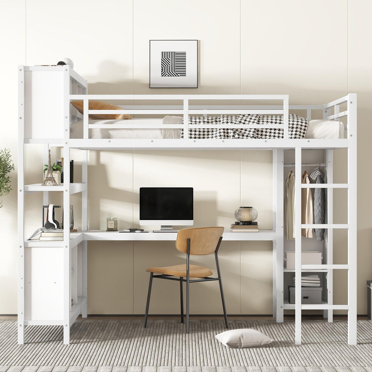LUMISOL Metal Loft Bed with Wardrobe and L-Shaped Desk, Queen Size Loft Bed with Storage Cubes and Shelves, Heavy Duty Loft Bed for Teens Adults, White LUMISOL