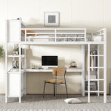 LUMISOL Metal Loft Bed with Wardrobe and L-Shaped Desk, Queen Size Loft Bed with Storage Cubes and Shelves, Heavy Duty Loft Bed for Teens Adults, White LUMISOL