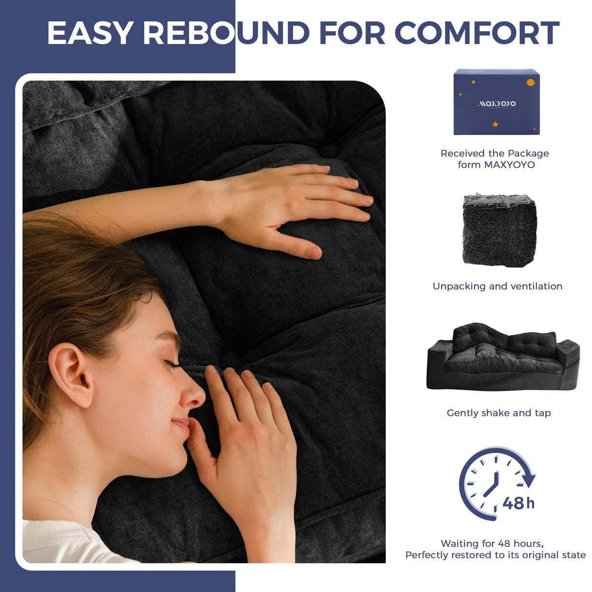 MAXYOYO Boneless Sofa Couch, Loveseat Sofa for Small Space, Tufted 2-Seater Floor Couch Bean Bag Chair for Living Room Bedroom Apartment, Sofa in a Box, No Assembly Needed, Black MAXYOYO