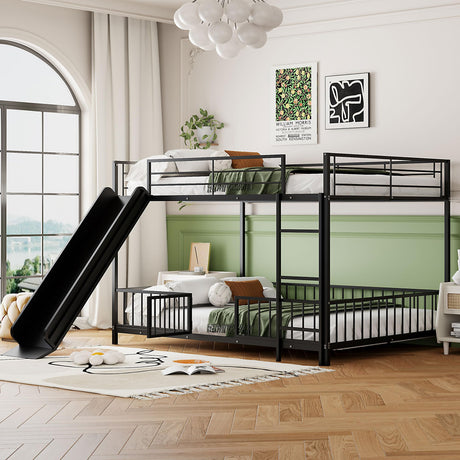 Bellemave Full Over Full Bunk Bed with Slide and Ladder, Metal Bunk Bed for Kids, Girls, Boys, Removable Fence, Low Bunk Bed with Slide, with Door, Black Bellemave