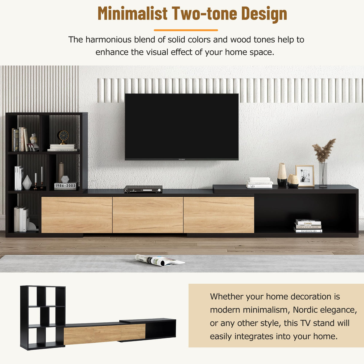 Merax Extendable TV Stand for Televisions up to 110'', Adjustable Entertainment Center with Storage Cabinets and 3 Tier Bookshelves, Sliding Tabletop Media Console for Living Room, Black Merax