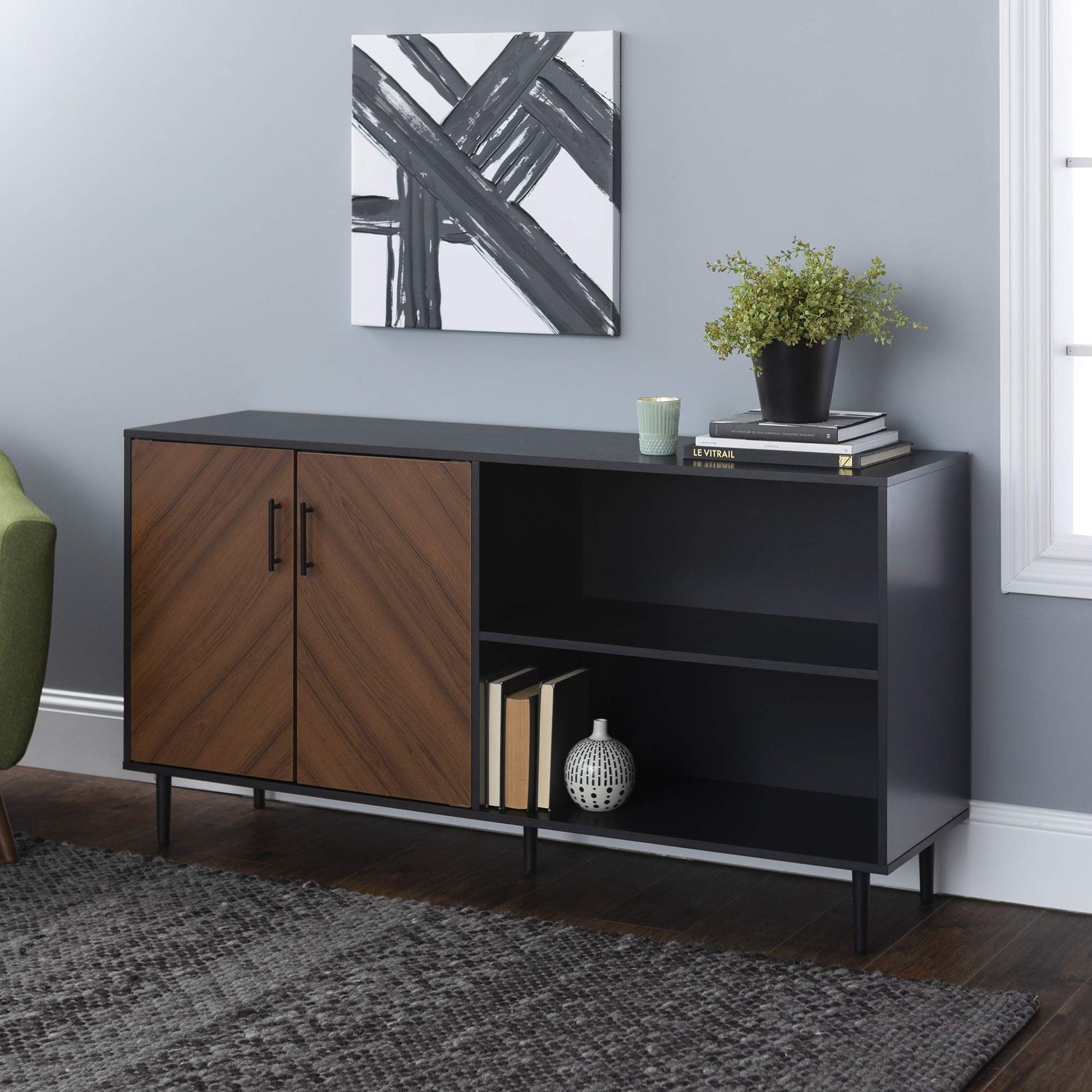 Walker Edison Fehr Modern 2 Door Bookmatch Asymmetrical Console for TVs up to 65 Inches, 58 Inch, Black - WoodArtSupply