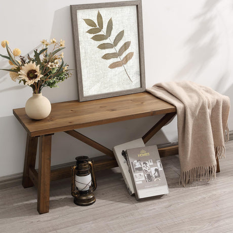 Wnutrees 43" Farmhouse Wood Bench, Narrow Bench, Long Bench Seat for Entryway, Living Room, Dining Room, Solid Wood, Natural Wnutrees