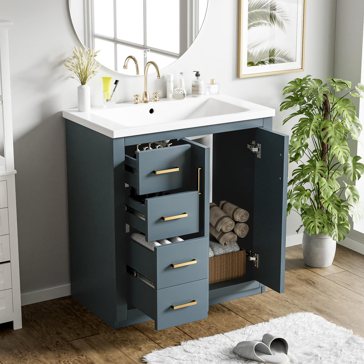Merax Herringbone Single Sink Bathroom Vanity, Freestanding 30" Modern Bathroom Vanity Storage Cabinet with 3 Drawers and 2 Doors, Solid Wood Frame Merax