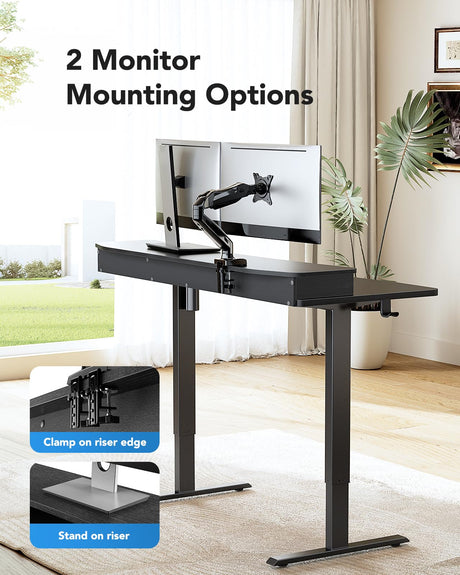 HUANUO 48″ x 24″ Electric Standing Desk with 2 Drawers, C-Clamp Mount Compatible, Height Adjustable Computer Desk, Home Office Stand Up Desk with 4 Preset Heights & 2 Hooks, Black HUANUO