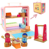BR Play Wooden Dollhouse - Portable and Foldable Doll House with Little People Figurines & Dollhouse Accessories - Classic Preschool & Toddler Toy with Dollhouse Furniture & Pretend Swing Playset. BR Play