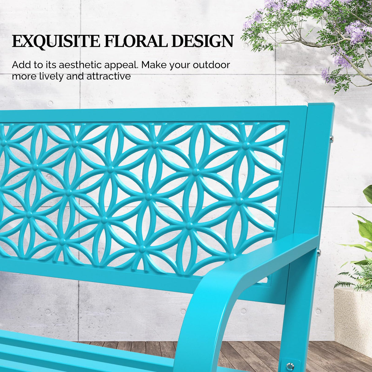 VINGLI 50" Outdoor Bench Metal with Floral Back, Garden Bench Front Porch Benches for Yard Patio Entryway Park, 800lb Capacity - Blue VINGLI