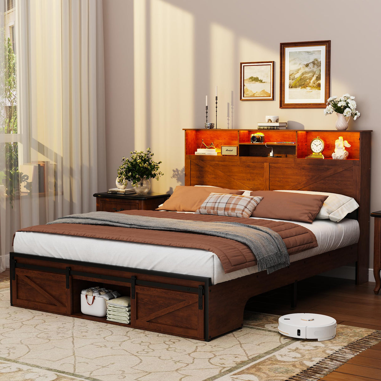 Everweekend Wooden Bed Frame with Storage Headboard, Rustic Brown Farmhouse Bedframe with Sliding Barn Door Footboard, Sturdy Metal Slats, No Box Spring Needed (Full) Everweekend