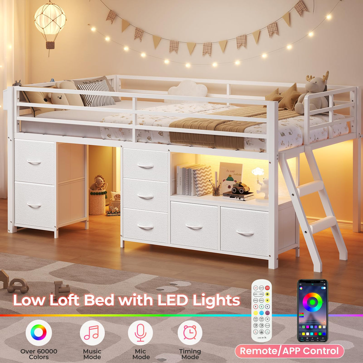 ADORNEVE Low Loft Bed Twin Size with 7 Storage Drawers, Bookcase and LED Lights, Metal Kids Loft Bed with 14" H Safety Guardrail,Inclined Ladder and Play Curtain, Under-Bed Play Space, White ADORNEVE