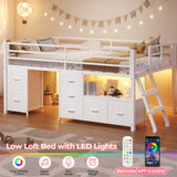 ADORNEVE Low Loft Bed Twin Size with 7 Storage Drawers, Bookcase and LED Lights, Metal Kids Loft Bed with 14" H Safety Guardrail,Inclined Ladder and Play Curtain, Under-Bed Play Space, White ADORNEVE