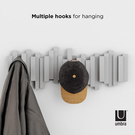 Umbra Sticks Wall-Mounted Coat Rack Rail Hook with 5 Retractable Pegs – Modern, Space-Saving Storage Organizer, Grey Umbra