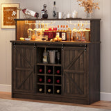 4ever2buy Farmhouse Wine Bar Cabinet with LED Light & Mirror, 47” Buffet Sideboard with 4 Glass Hooks & 9 Wine Racks, Coffee Bar Cabinet with Sliding Barn Door for Kitchen Dining Living Room, Brown 4ever2buy