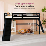 VINGLI 47 Inches Medium High Loft Bed with Slide, Space Saving Kids Low Loft Bed Twin Size with Guardrail and Flat Ladder, Pine Wood Bed Frame for Boys and Girls, Black VINGLI