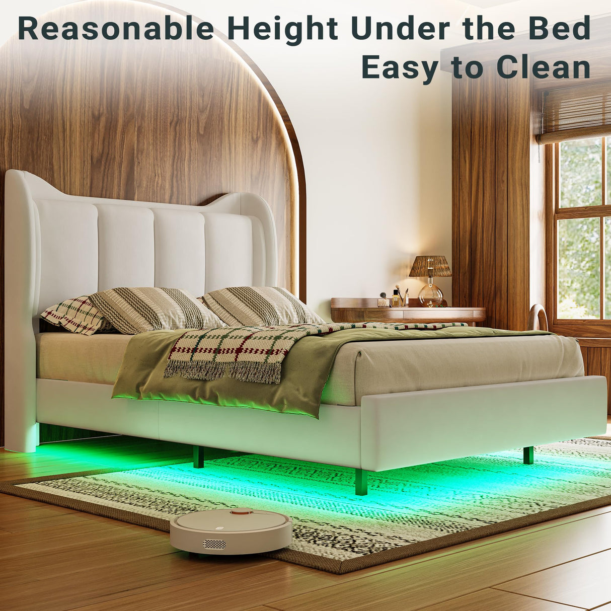 LIKIMIO Full Bed Frame with Headboard, Velvet Upholstered Platform Bed with LED Light, Solid Wood Slats Support, No Box Spring Needed, Cream LIKIMIO