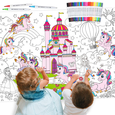 Qeeenar Coloring Poster Unicorn Princess Castle 43.3 x 31.5 Inch Giant Coloring Poster with 24 Watercolor Markers Jumbo Cute Table Cover for Kids Unicorn Princess Birthday Gift Party Favors Supplies
