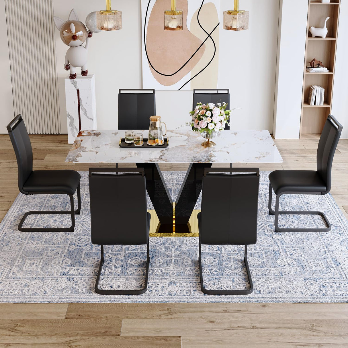 CGHIJDM 71'' Dining Table Set for 6,Modern Dining Room Table Set for 6,Marble Dining Table with 6 PU Leather Dining Chairs,Gold Dining Room Table with Glossy V-Shaped Base Ideal for Kitchen CGHIJDM