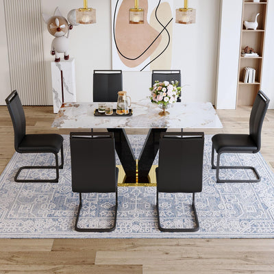 CGHIJDM 71'' Dining Table Set for 6,Modern Dining Room Table Set for 6,Marble Dining Table with 6 PU Leather Dining Chairs,Gold Dining Room Table with Glossy V-Shaped Base Ideal for Kitchen