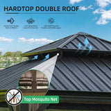 Domi 12x12FT Hardtop Gazebo with Netting & Curtains, Outdoor Aluminum Frame Gazebo with Galvanized Steel Double Roof, Outdoor Permanent Metal Pavilion for Patio Deck Lawn and Garden, Brown domi outdoor living