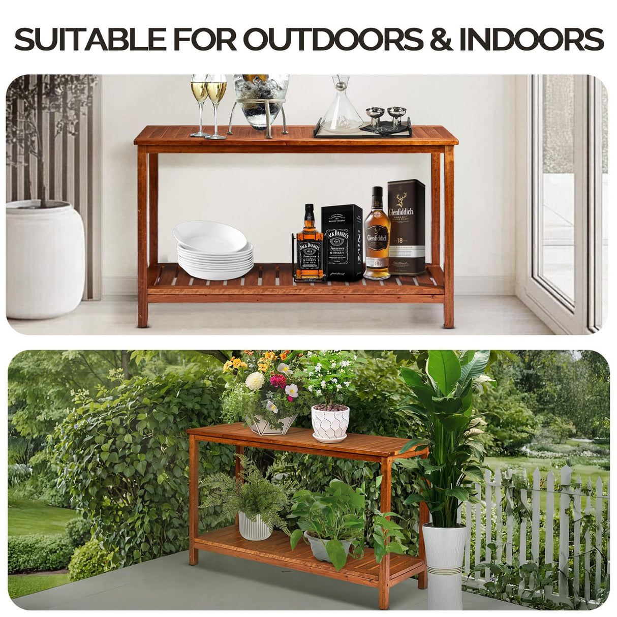 VINGLI 49in Solid Wood Outdoor Console Table, 2-Shelf Wooden Outdoor Accent Plant Table Multifunctional Buffet Bar Storage Organizer for Indoor Patio Porch and Entryway (Natural) VINGLI