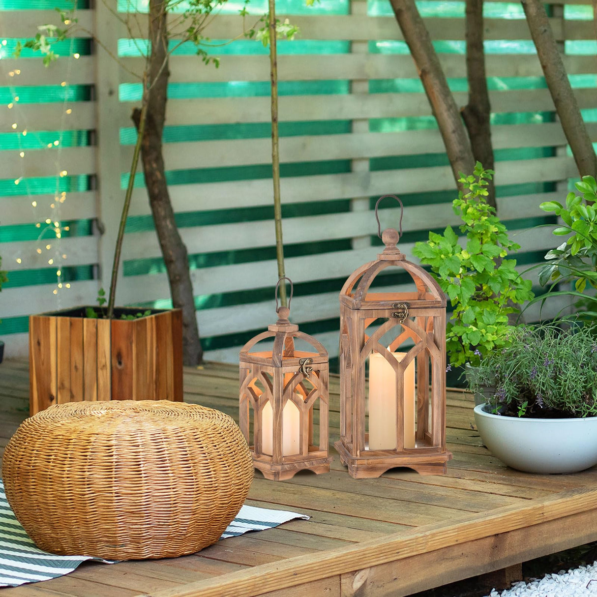 Staymoment Farmhouse Lanterns Decorative Indoor: 11" & 15" Set of 2 Brown Wooden Candle Holder Lanterns for Table Centerpiece Fireplace Mantle Home Decor Staymoment