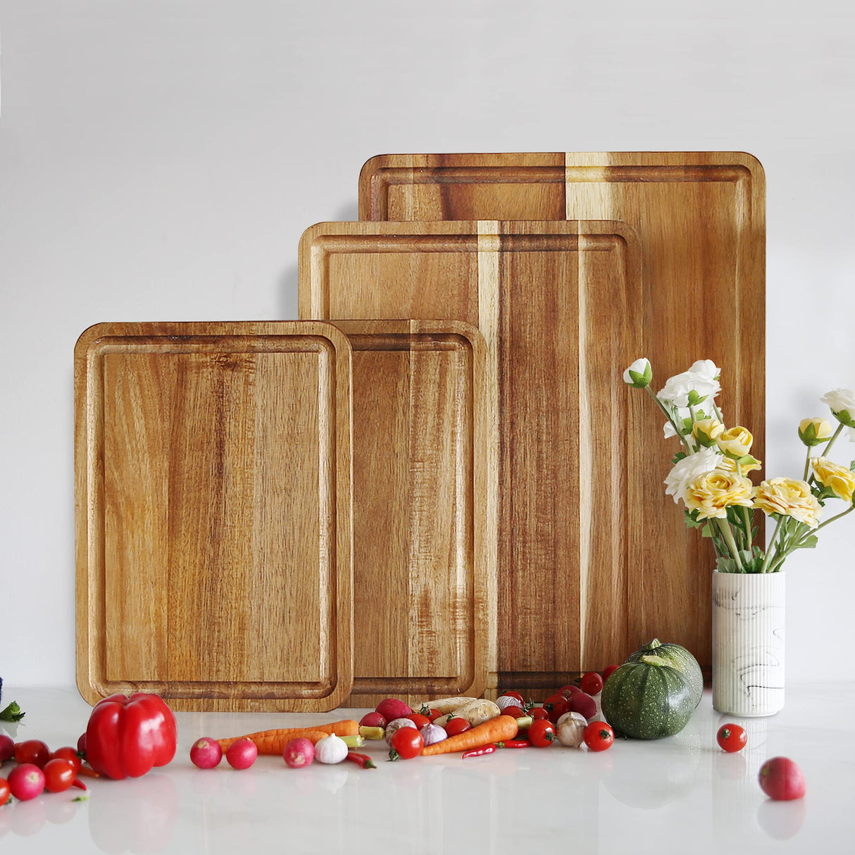 AZRHOM Large Wood Cutting Boards Set of 4 for Kitchen Cheese Charcuterie Board (Gift Box Included) Acacia Butcher Block with Non-slip Mats, Juice Groove and Handles (16x12, 14x10, double 11x8 inch) AZRHOM