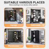RpAosd 75" Broom Closet, Metal Storage Cabinet, Garage Cabinets with Doors and Shelves, Locking Cabinet for Garage, Laundry, and Warehouse, Garden Shed with Hanging Rod (75" H Black Cabinet) RpAosd
