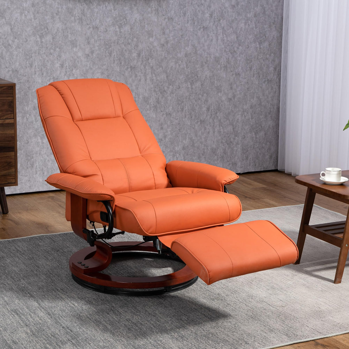 HOMCOM Faux Leather Manual Recliner, Adjustable Swivel Lounge Chair with Footrest, Armrest and Wrapped Wood Base for Living Room, Light Red HOMCOM