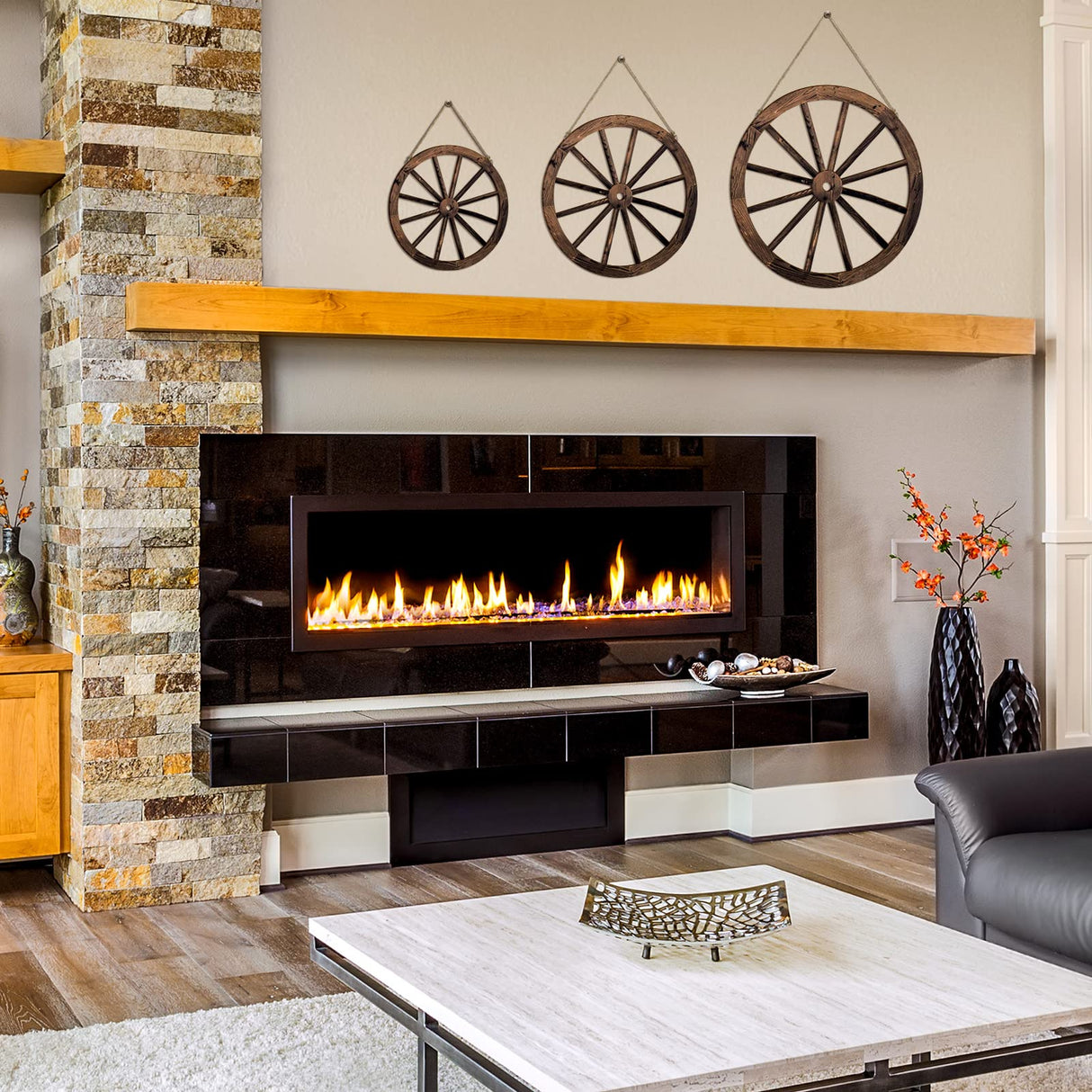 Qunclay 3 Pcs Wooden Wagon Wheel Decor 12/10/8 Inch Old Western Western Wall Decor Farmhouse Wagon Wheels Rustic Yard Wall Art Decor Hanging Decorative Wheels for Garden Home Bar Garage (Dark Brown) Qunclay