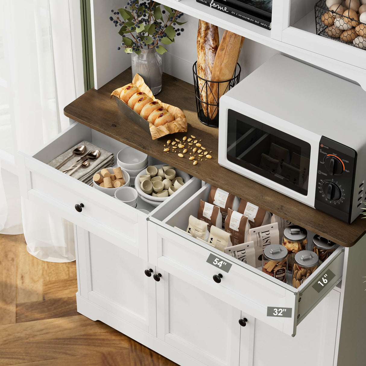 FACBOTALL Kitchen Pantry Storage Cabinet, Freestanding Hutch Cabinet with Buffet Cupboard, Utility Pantry with Microwave Stand,Tall Kitchen Cabinets with Adjustable Shelves for Kitchen FACBOTALL