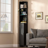 MOHOPE Corner Shelf with Cabinet, 74.8" Tall Corner Cabinet with Door, 5-Tier Narrow Bookshelf with Adjustable Shelves, Display Cabinet for Living Room, Bathroom, Dining Room, Small Space, Black MOHOPE