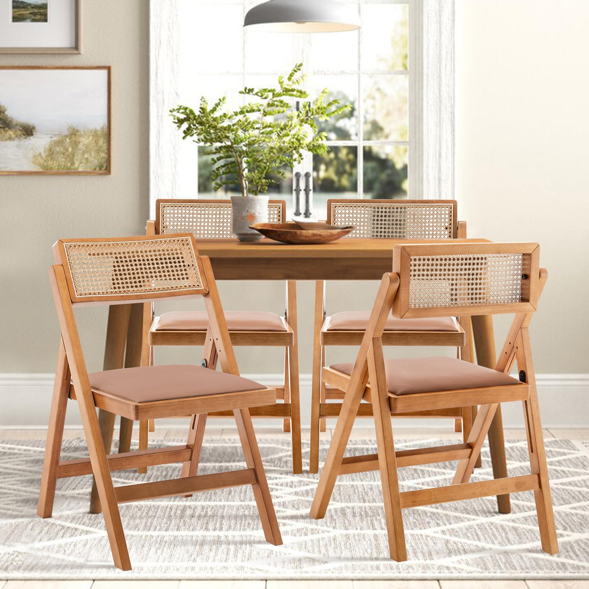 Awonde Wood Folding Chairs Set of 2 Mid Century Modern Accent Rattan Dining Chair for Kitchen Dining Room Living Room Patio Armless Foldable Chair Brown Awonde