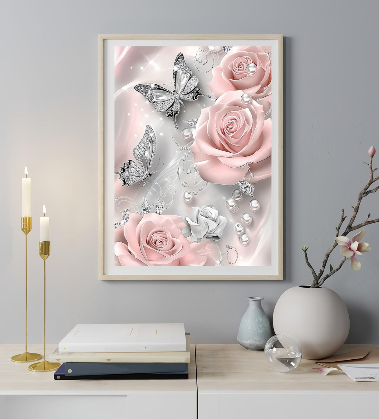 5D Diamond Painting Kits for Adults, Butterfly Pink Rose Flower Diamond Art Kits for Adults Beginner, DIY Full Drill Diamond Dot Gem Painting for Home Wall Decor 12x16inch BYGFHLYW